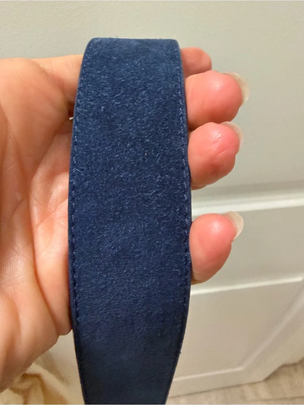 Boconi Navy Suede Perforated Belt with Brushed Metal Buckle